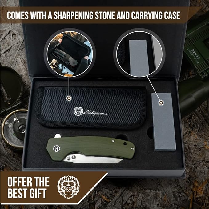 Holtzman's Gorilla Survival - The Clip Point Folding Pocket Knife (Silver+Green) - D2 Steel Blade - Tactical EDC Knife with G10 Handle & Pocket Clip
