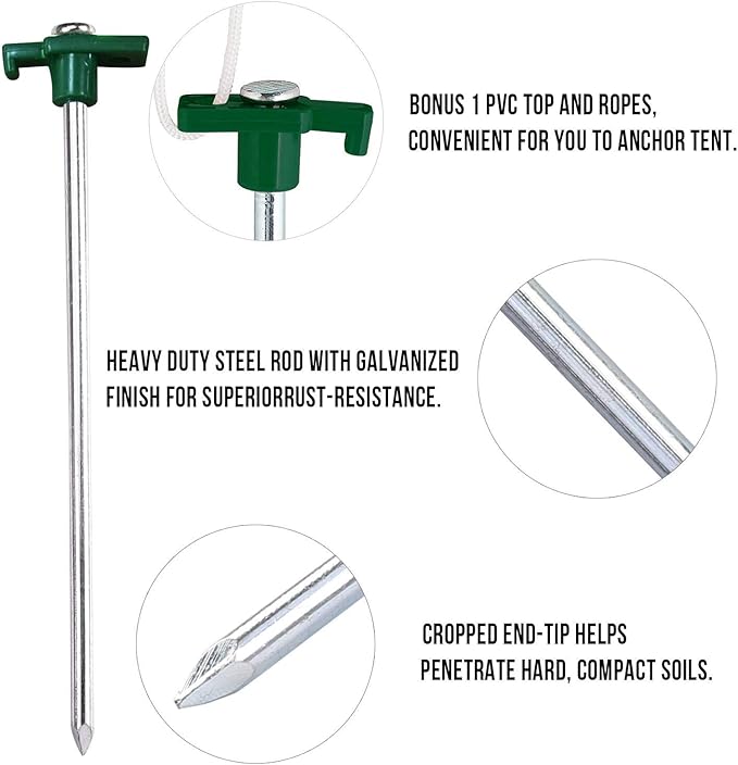 ABCCANOPY 15 Inch Tent Stakes 10 Pcs Non-Rust Metal Ground Anchors, Heavy Duty Spikes with 4 Ropes for Outdoor Camping, Green