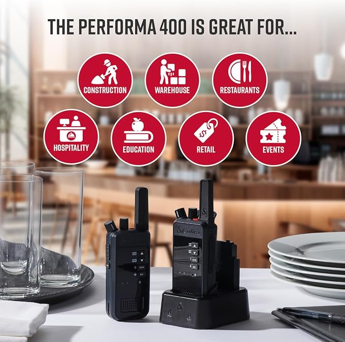 Cobra Performa 400 Business Radio (1-Pack with Dock) - 2-Channel UHF/LMR Professional Two Way Radio, Waterproof Walkie Talkie, Drop Proof, Shockproof IP67 & MIL-SPEC Rated, 18-Hour Li-Ion Battery