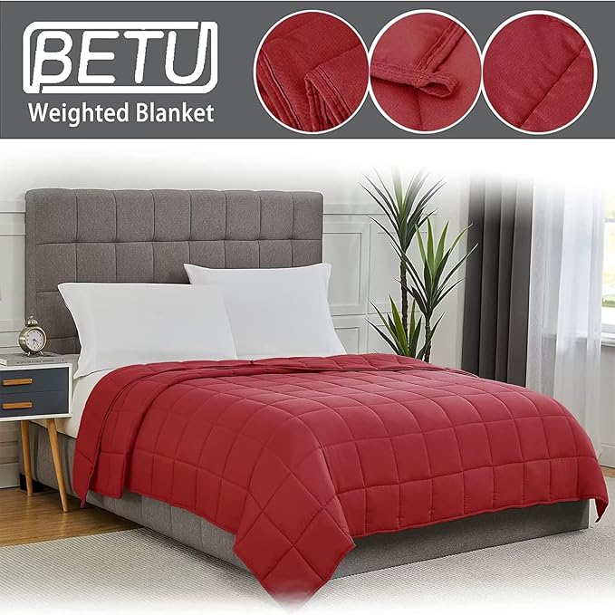 Red Weighted Blanket for Adults 12lbs, 48"x72" Twin Size Cooling Heavy Blanket for 110-130lbs with Premium Glass Beads, Soft Thick Big Blankets for All-Season Sleeping Comfort Breathable