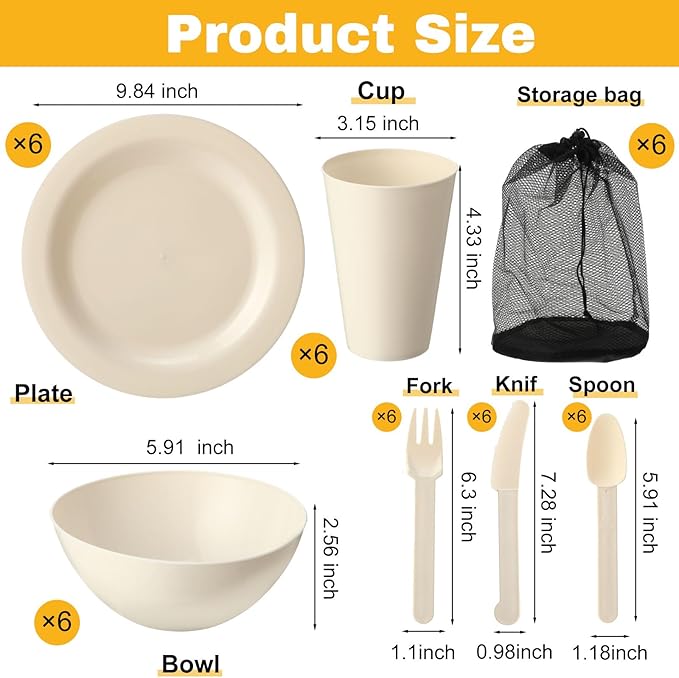 LemonRoad 6 Set College Dorm Dishes Essential Kit, Plates and Bowls Back to School Beige Room Dishes Set with Storage Mesh Bag Cup, Microwave Dinnerware Picnic for RV Camping
