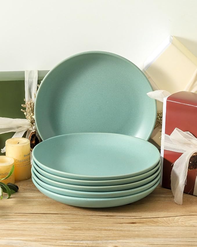 Dinner Plates Set of 6, 10 Inch Stoneware Plates for Salad, Appetizer, Dessert, Farmhouse Dinnerware Dishes for Christmas Thanksgiving Gift, Microwave & Dishwasher Safe, Matte Turquoise