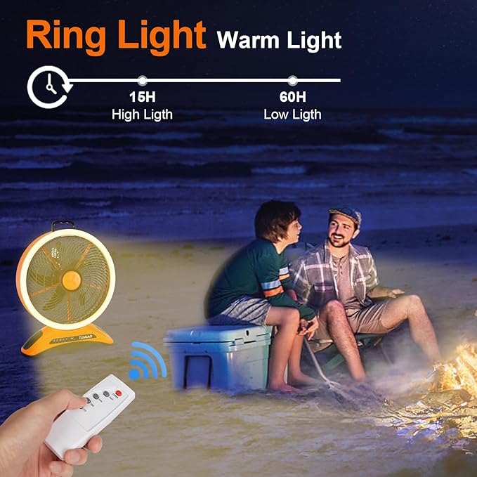 Big Size Camping Fan, 45000mAh Battery Rechargeable Portable Fan, 12-Inch Extra Large Blade & 830CFM Super Airflow, Ring LED, Cordless for Outdoor Large BBQ RV Tent Garage Hurricane Emergencies Indoor