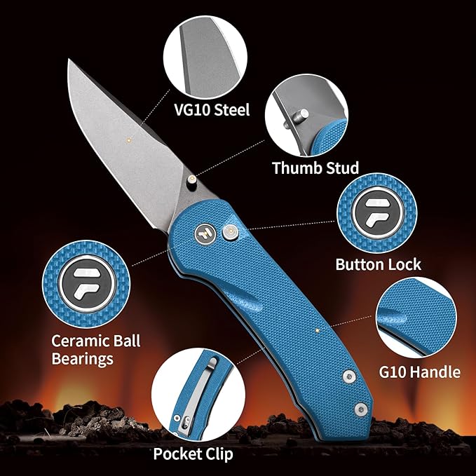 Button Lock Pocket Knife with 2.85 inch VG10 Steel Blade G10 Handle, Folding Knife for EDC, Blue