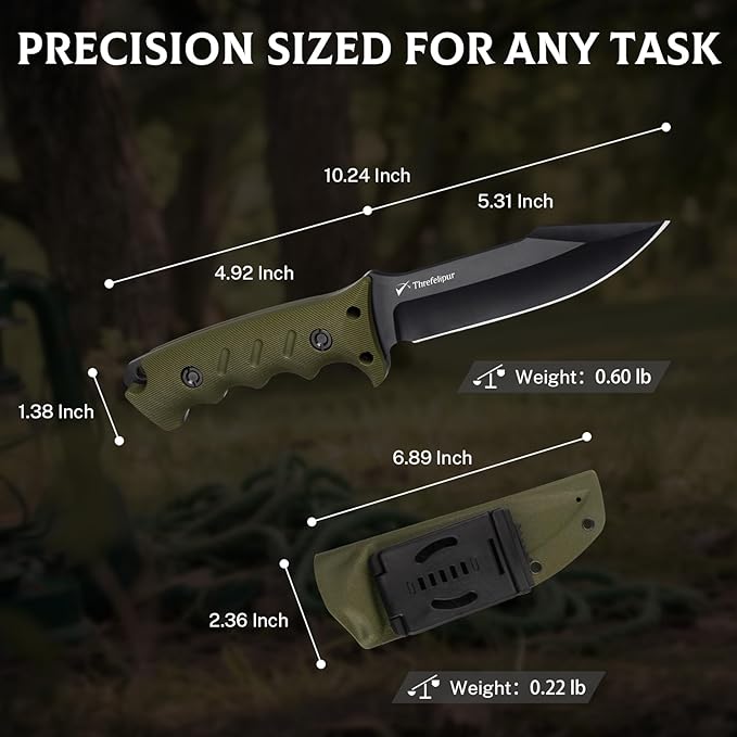 Camping Knife for Men, D2 Steel Fixed Blade Tactical Survival Knife with Sheath - Compact & Portable for Outdoor Hiking, Bushcraft, G10 Handle - Green