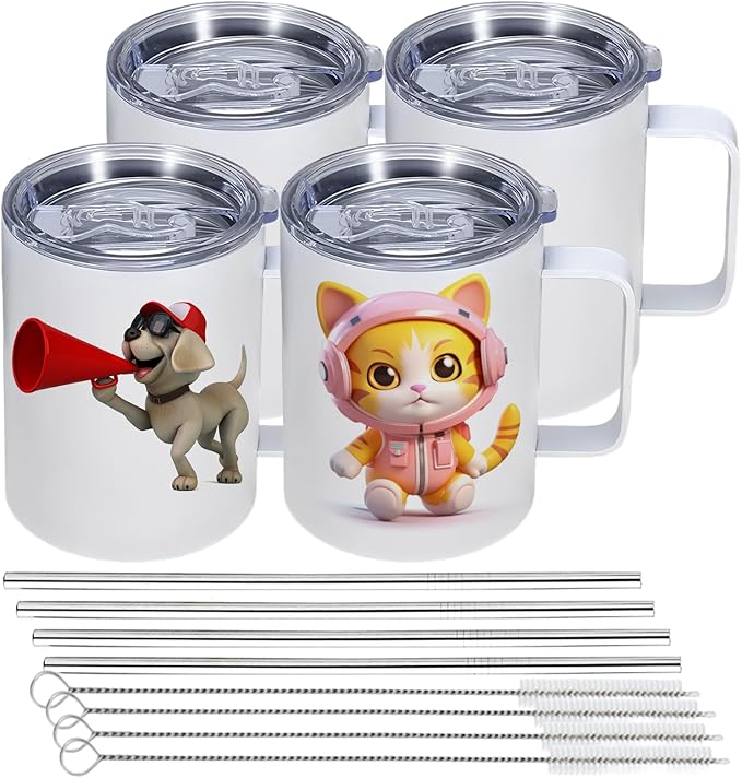 12OZ Sublimation Insulated Stainless Steel Coffee Mug with Lid Bulk 4 Pack,Double Wall Vacuum Travel Coffe Cup with Handle,Reusable Metal Thermos Tumbler,Camping Mugs Keep Hot