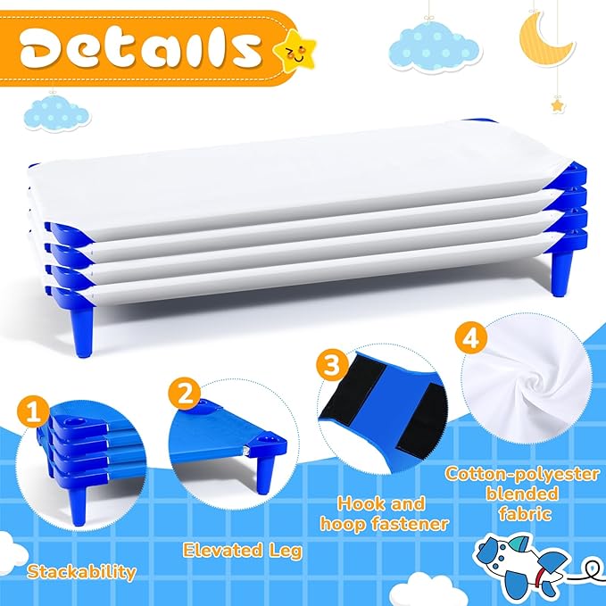 8 Pcs Stackable Daycare Cots for Kids with Sheets 54" l x 23" W T Kids Cots Furniture Bed Frames Headboards Footboards for Sleeping and Daycare (Blue)