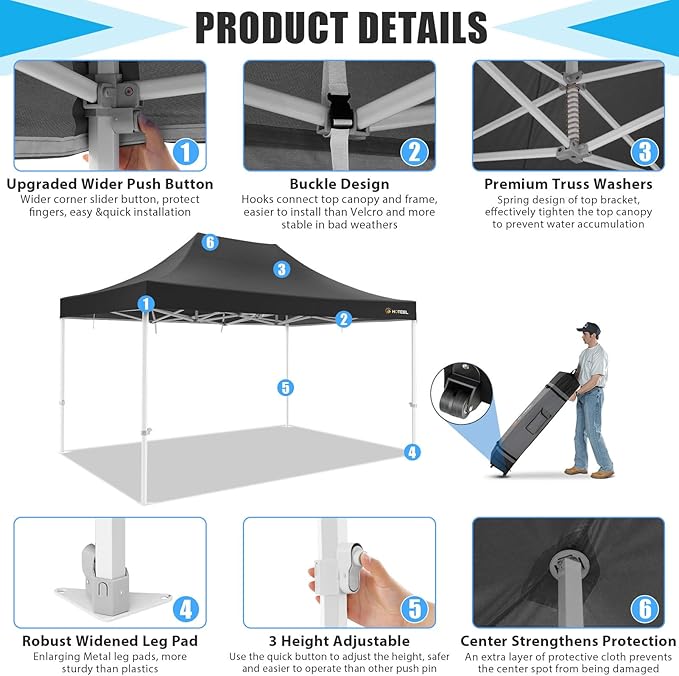 HOTEEL 10x15 Heavy Duty Pop Up Canopy Tent for Parties Event Wedding Commercial Instant Canopy Portable Shelter Folding with Roller Bag, Waterproof UV Resistant, Upgraded Thick Hexagonal Legs, Black