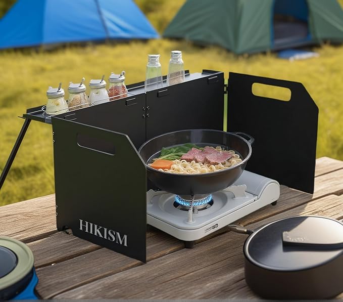 Camping Stove Windscreen, Lightweight Foldable Outdoor Wind Blocker Gas Stove Windshield Wind Screen with Extend Platform for Camping Stove, Glamping, Black