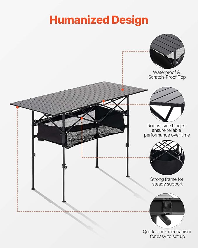 VEVOR Folding Camping Table, Portable Roll Up Side Tables, Lightweight Aluminum Beach Table with Adjustable Height, for Outdoor BBQ Tailgating Picnic, Travel (47 inch-Black)