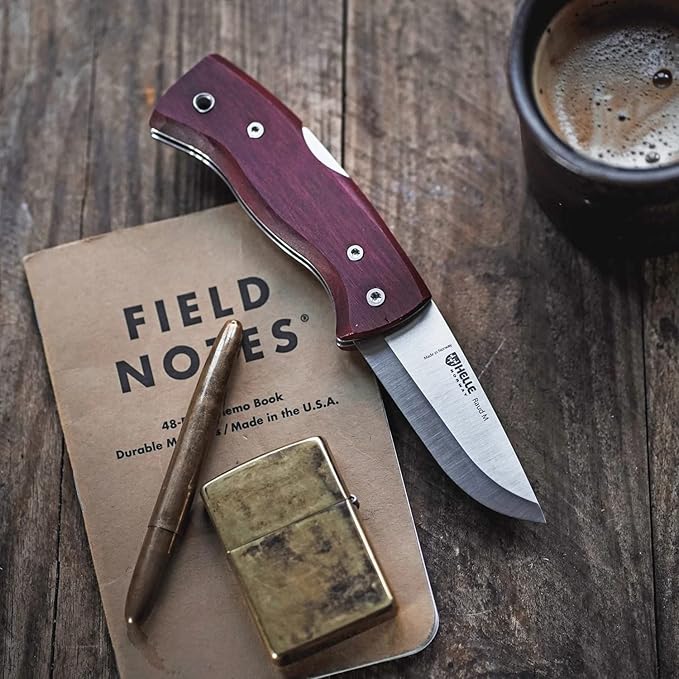 HELLE Knives - Raud M - Folding Pocket Knife - 2.72" Stainless Steel Blade with Red Birch Handle & Detachable Clip - Made in Norway