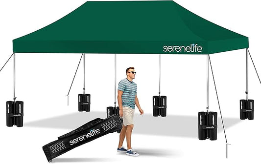 SereneLife Pop Up Canopy Tent 10x20-Commercial Instant Shelter Foldable/Collapsible Sun Shade Canopy Pop Up Tent w/Waterproof Tent Top, Portable Carry Bag & Sand Bag - SLGZ20FG (Forest Green)