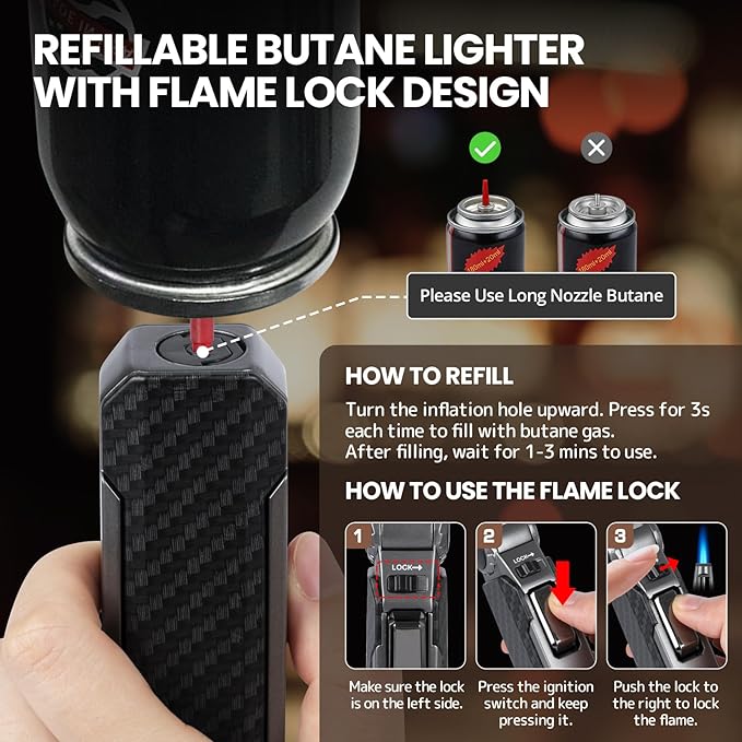 Butane Torch Lighter, Refillable Gas Lighter Cooking Torch, Adjustable Kitchen Torch with Safety Lock - Windproof Jet Flame Blue Fire for Camping Baking BBQ Grill Candle, Gifts for Men
