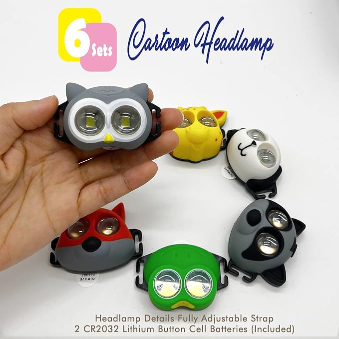 Headlamp for Kids, Battery Powered LED Headlamps, Owl Frog Giraff Dog Fox Raccoon Theme Gift for Children's Day, Birthday, Toddlers - 6 PCS