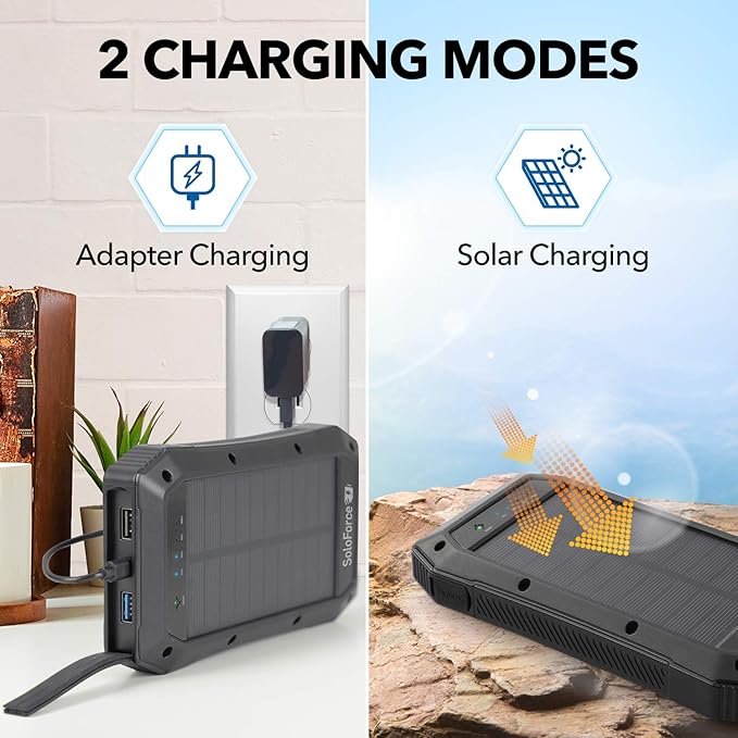 Solar Power Bank - 2000mAh Wireless Portable Charger for iPhone Android | Fast Charging Powerbank | Built-in Qi Panel, USB C Outlets, LED Light | Waterproof External Battery Pack for Camping