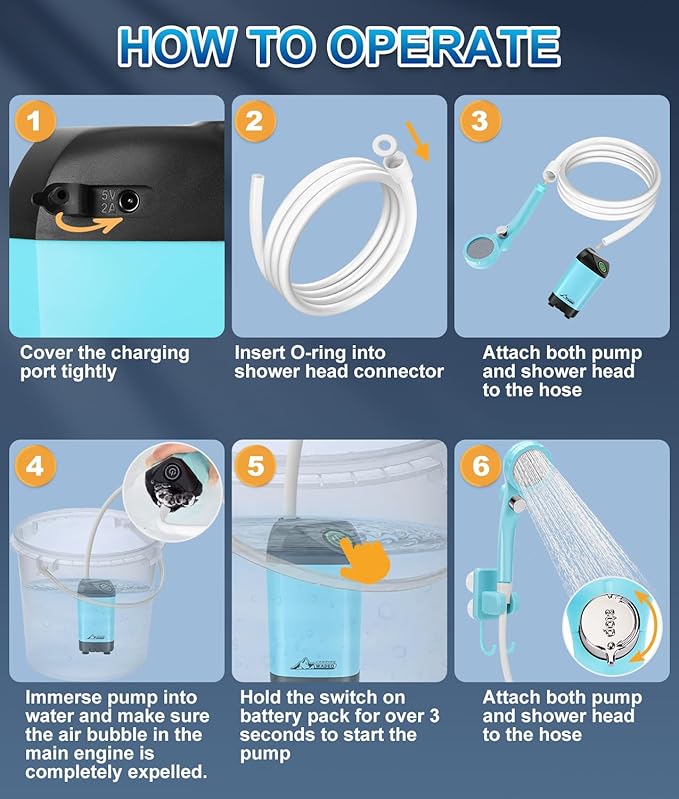 WADEO Portable Shower for Camping, Outdoor Electric Shower Rechargeable Pump with 20L Collapsible Bucket, Camping Shower Head Nozzle for Camping, Hiking, Traveling, Washing
