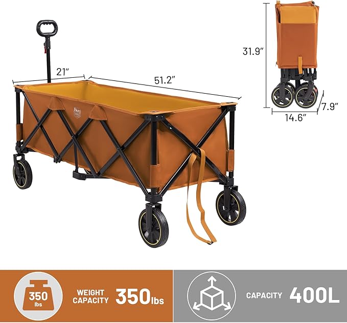 Timber Ridge 51.2'' Extended Collapsible Wagon Cart with Brakes and Cargo Net, 350LBS Heavy Duty Foldable Utility Wagon with Adjustable Handle, 400L Capacity Portable Cart for Camping Sports, Orange