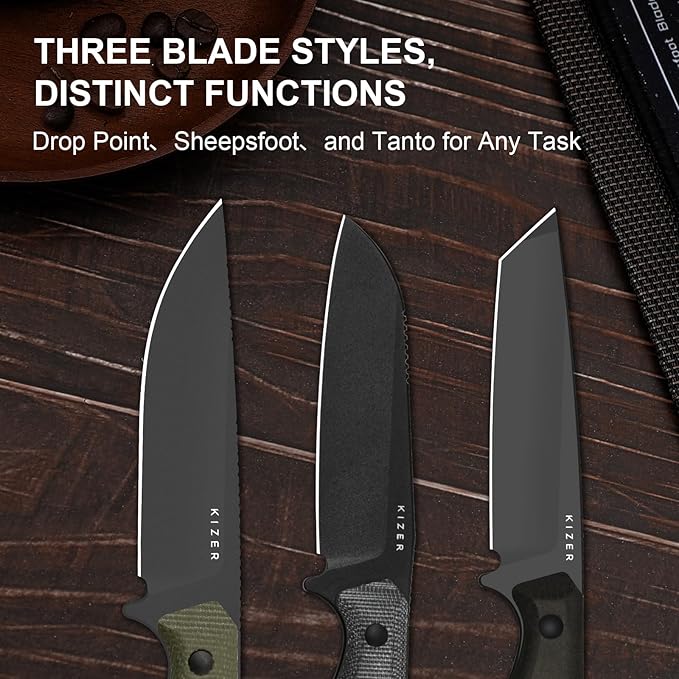 Kizer Begleiter Fix Fixed Blade Knife, 3.78" Drop Point D2 Blade Hunting Knives with Kydex Sheath, Green Micarta Handle EDC Knife for Camping Hunting Survival 1045MD3