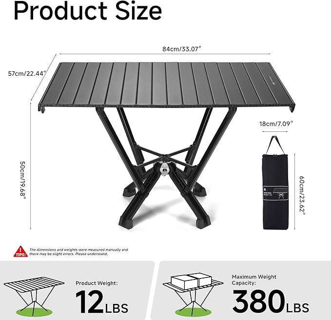 Camping Table Folding, Small Camping Table with Load 380lbs, Portable Roll up Aluminum Foldable Table with Carry Bag for Outdoor, Picnic, Camping, Black