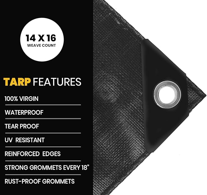 PROTARP Extra Heavy Duty 16 Mil Tarp Cover, Waterproof, UV Resistant, Rip and Tear Proof, Poly Tarpaulin with Reinforced Edges for Roof, Camping, Patio, Pool, Boat. (Black 12′ X 16′)