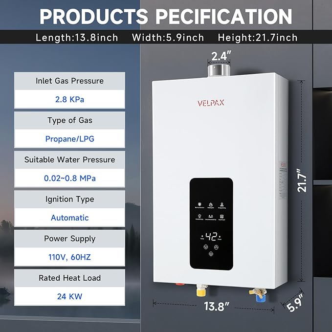 Propane Tankless Water Heater, 4.21GPM 16L Indoor,Instant Hot Propane Gas Water Heater with Fahrenheit Digital Display,Multi-Protection