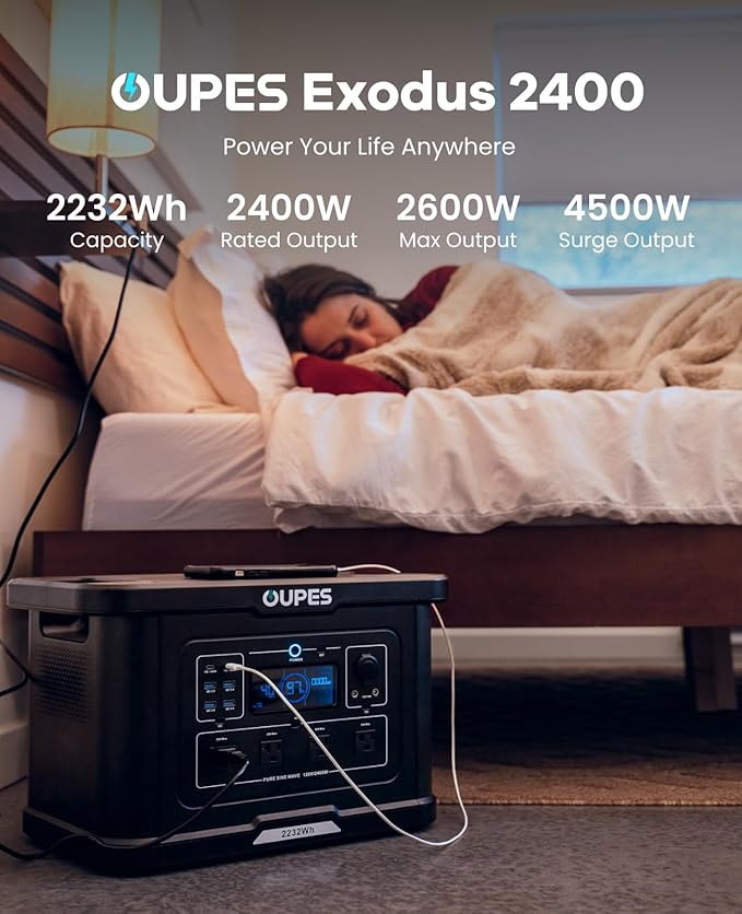 OUPES Exodus 2400 Solar Generator with a 240W Panel, 2400W / 2232Wh Portable Power Station with APP Control & UPS for RV, Home Backup, Professional Outdoor Use