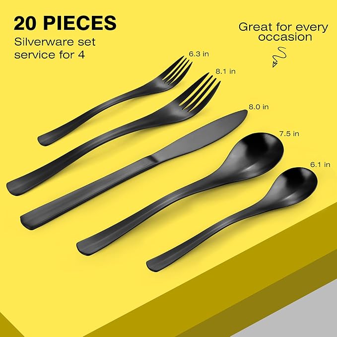 Black Silverware Set, Bysta 20-Piece Flatware Set, Stainless Steel Utensils Service for 4, Tableware Cutlery Set for Home and Restaurant, Include Knife/Fork/Spoon, Satin Finish, Dishwasher Safe
