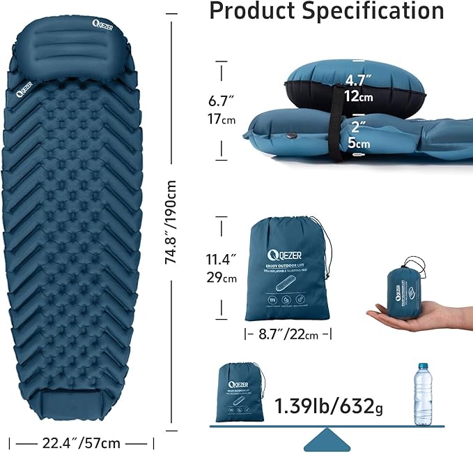 Ultralight Backpacking Sleeping Pad for Camping, with Inflatable Neck Camping Pillow, Lightweight Inflatable Sleeping Pad for Adults, Portable for Hiking, Car Travel - Durable & Comfortable