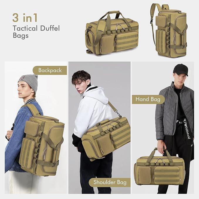 BAGZY Tactical Gym Bags for Men 3 In 1 Travel Duffle Bag 40L with Shoe Compartment Travel Backpack Fitness Weekender Deployment with 1pcs Tactical Toiletry Bag Khaki