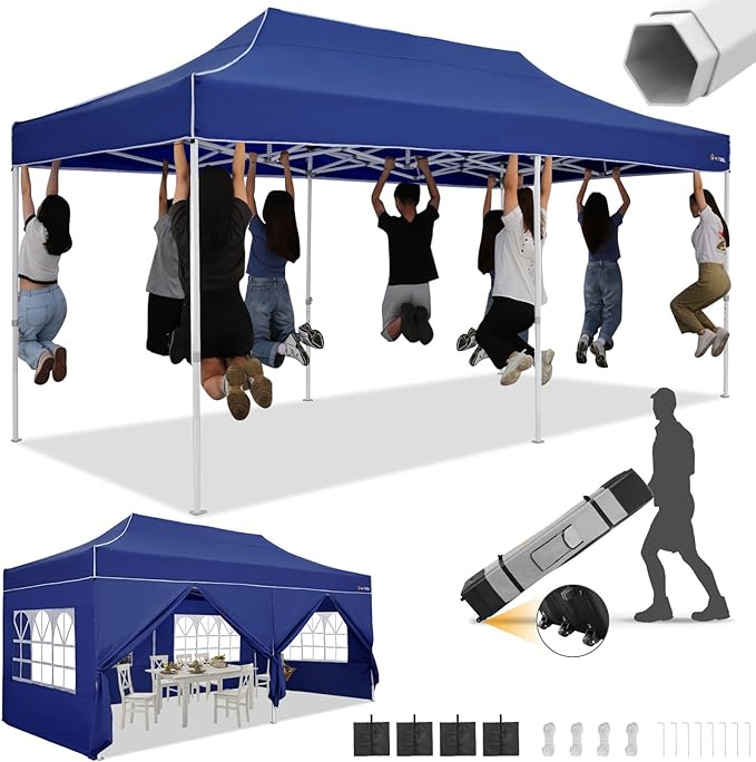 HOTEEL 10x20 Heavy Duty Pop Up Canopy Tent with Sidewalls, Commercial Outdoor Canopy Tents for Parties Event Wedding with Roller Bag, Waterproof & UV 50+, Upgraded Thickened Hexagonal Legs, Deep Blue