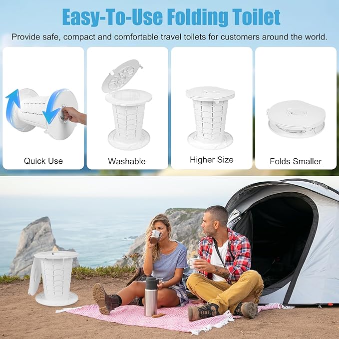 XL Portable Toilet - 13"H Adjustable Foldable Camping Toilet, Luggable Loo with Lid, Strap, Toilet Bag for Camping, Hiking, Travel and Car