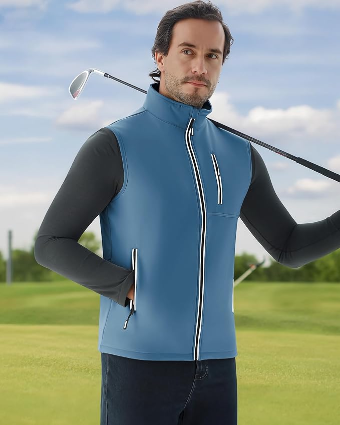 WULFUL Men's Windproof Lightweight Golf Vest Outerwear with Pockets, Softshell Sleeveless Jacket for Travel Hiking Running