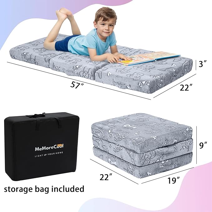MeMoreCool Glow-in-The-Dark Dog Foldable Floor Mattress for Kids, Trifold Nap Mat for Toddlers, Portable Daycare Sleeping Futon or Floor Bed, 57x22 Inch