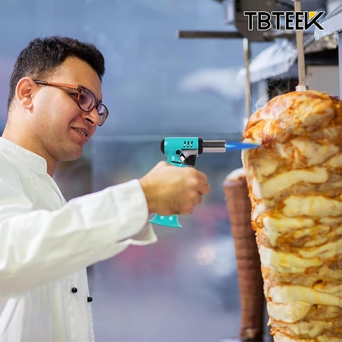 TBTEEK Butane Torch with Fuel Gauge T907, One-hand Operation Kitchen Torch Lighter with Adjustable Flame for BBQ, Baking, Brulee Creme, Crafts and Soldering(Butane Gas Not Included), Aqua