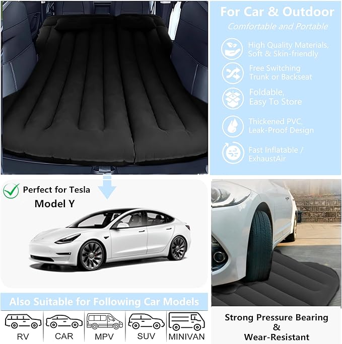 Car Air Mattress, Inflatable Bed Compatible with Tesla Model Y Mattress for SUV Truck RV Van Backseat Trunk, 6.4 ft Portable & Foldable Car AirBed Sleeping Pad for Tent Travel Camping Essentials Black
