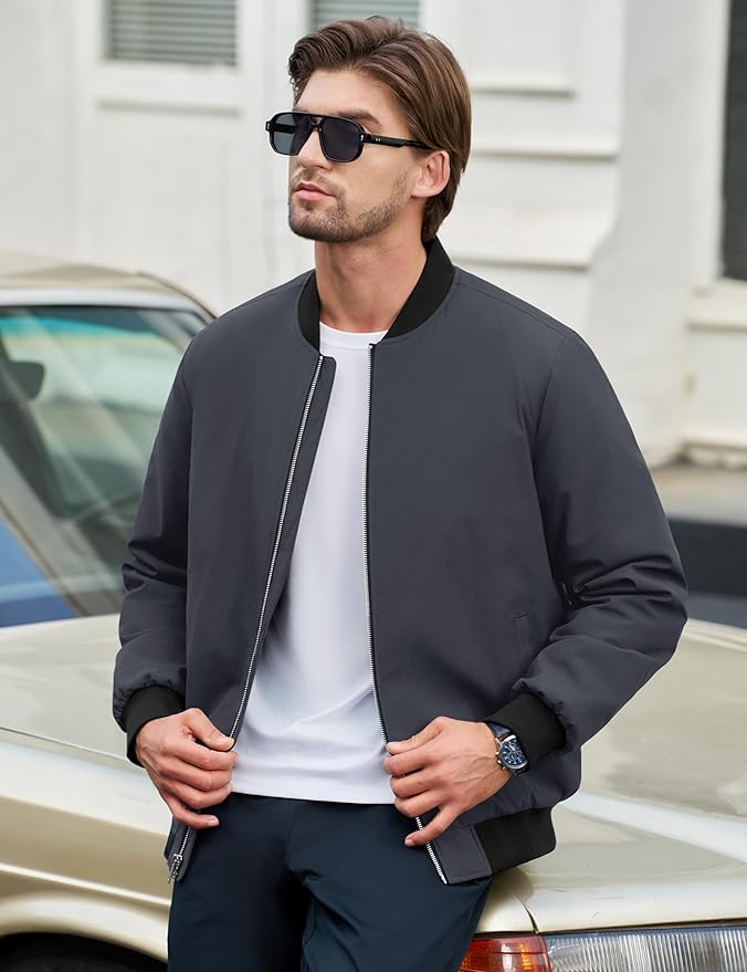 Cotrasen Men's Bomber Jacket Full Zip Windbreaker Warm Winter Windproof Casual Outwear Padded Lined Coats
