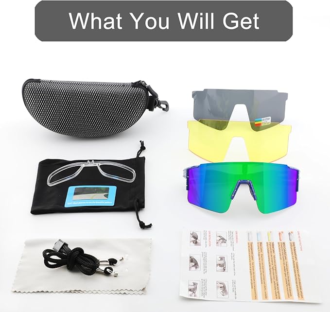 OULAIQI Cycling Sunglasses Polarized Sunglasses for Cycling Men Women with 1 Lens or 3 Interchangeable Lens Baseball Glasses