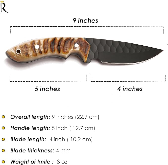 Fixed Blade Knife – 9" Black Coated Drop Point Hunting Knife With Leather Sheath - Full Tang 1095c High Carbon Steel - For Outdoor Use