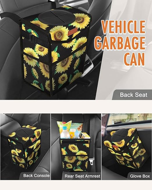 Car Trash Can with Lid, Cute Leakproof Car Trash Garbage Bag Hanging Vehicle Trash Bin Small Portable Automotive Garbage Cans Organizer for Back/Front Seat/Console(Trapezoid,Sunflower)