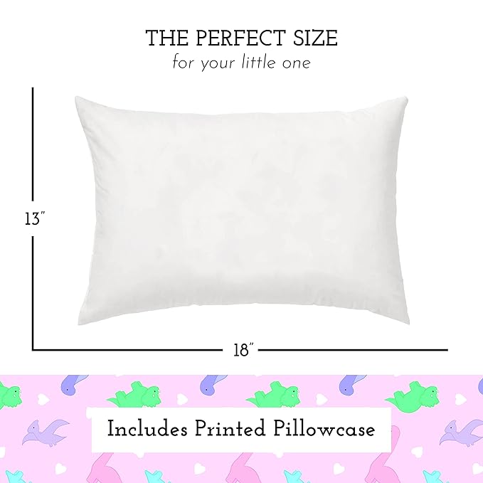 Little Sleepy Head Toddler Pillow with Pillowcase 13x18 - Kids Pillow for Sleeping - Better Neck Support Ergonomic Pillow and Toddler Pillowcase - Best Pillows for Kids (Dinosaurs Pink)