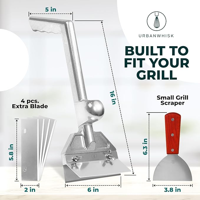 Heavy-Duty Griddle Scraper Kit – Griddle Scrapers for Flat Tops & Grill Scraper with Ergonomic Handles, Splash Guard, 4 Extra Blades for Effortless Burnt-On Grease Removal
