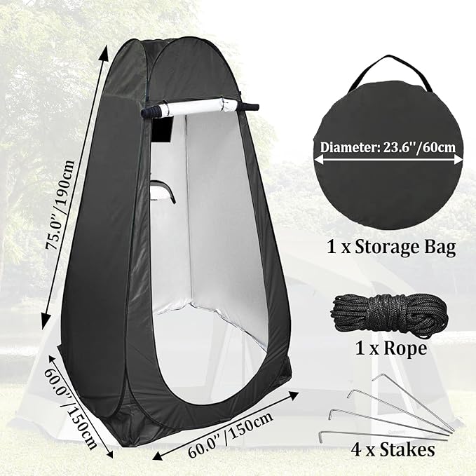 Taeku Pop Up Shower Tent, Large Privacy Dressing Room, Portable Sun Shade Canopy Outdoor Rain Shelters for Outdoor Shower, Toilet, and Changing Room (Black)