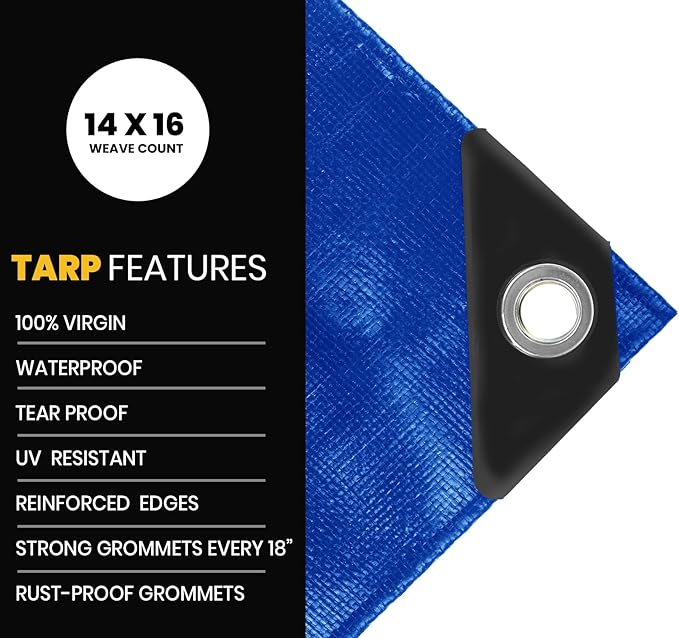 PROTARP Extra Heavy Duty 16 Mil Tarp Cover, Waterproof, UV Resistant, Rip and Tear Proof, Poly Tarpaulin with Reinforced Edges for Roof, Camping, Patio, Pool, Boat. (Blue 20′ X 30′)