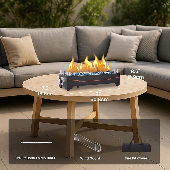 GRISUN Tabletop Fire Pit,20 Inch Propane Fire Pit Table,40000 BTU Table Top Firepit with Glass Wind Guard,Stainless Steel Burner,Fire Glass,Portable Propane fire Pit for Patio, Camping, Backyard & RV