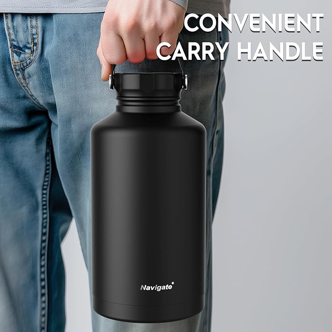 Navigate 64 oz Stainless Steel Insulated Water Bottle,Double Walled Leak Proof Keep Cold for 24 Hrs Hot for 12 Hrs,Wide Mouth Water Jug with Spout & Handle Lids,Black