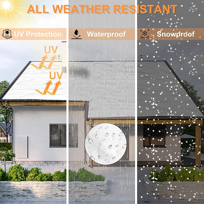 Tarp Waterproof 10x12 Ft Heavy Duty Tarp Thicker 14 Mil Large Tarps with Grommets and Reinforced Edges, UV Resistant Tear&Fade Resistant Plastic Tarp for Outdoor Camping Roof Pool Tent, White