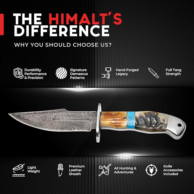 10.5" Handmade Damascus Steel Fixed Blade Bowie Hunting Knife with Leather Sheath -Bushcraft knife-Ideal For EDC,Camping Skinning,Outdoor-Best Hunting Knives For Men.Ram Horn,Turqouise Stone & Camel Bone Handle.