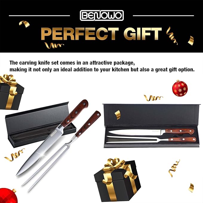 Benowo Carving Knife Set 2-Piece, 8-inch Turkey Carving Knife and Fork Set Stainless Steel Kitchen Knife for Steak, Hibachi Knife and Fork, BBQ Carving Fork with Gift Box – Designed in USA