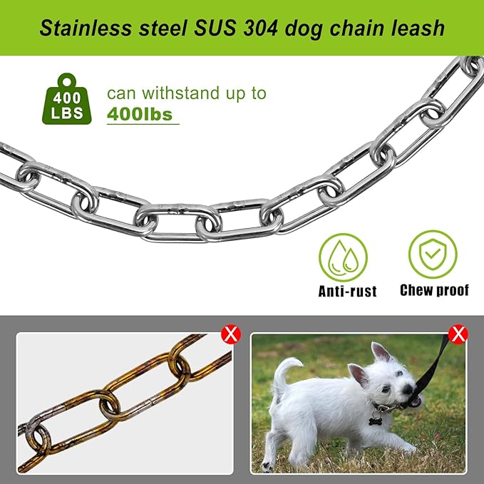 Dog Tie Out Chains and Stake, 15ft Chew Proof Stainless Steel Dog Chains for Outside, 15" Heavy Duty Dog Anchor for Dogs Up to 125lbs, Fully Welded, No Tangle, Ideal for Yard and Camping