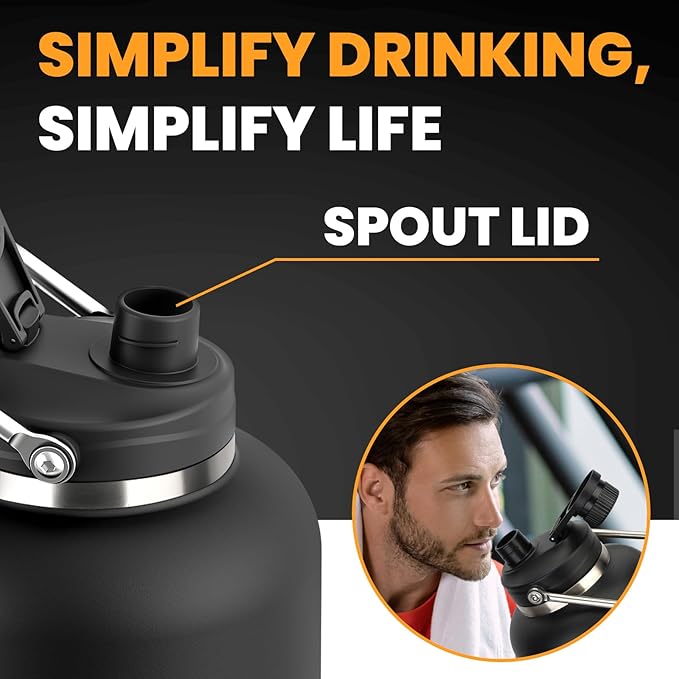 128 oz Insulated Water Bottle with Spout Lid and Handle, One Gallon Stainless Steel Double Vacuum Water Jug for Hot & Cold Drinks - Sweat Proof, Great for Travel, Hiking, Camping - Stainless